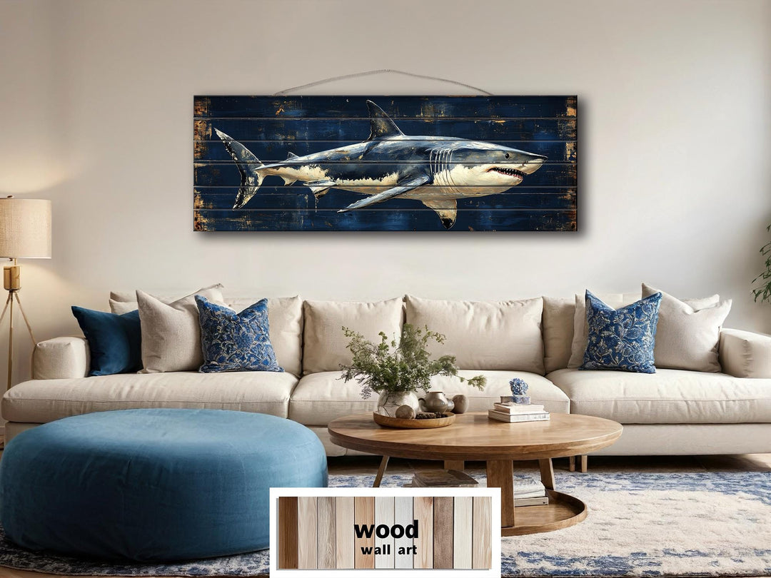 Great White Shark Long Horizontal Real Wood Wall Art
