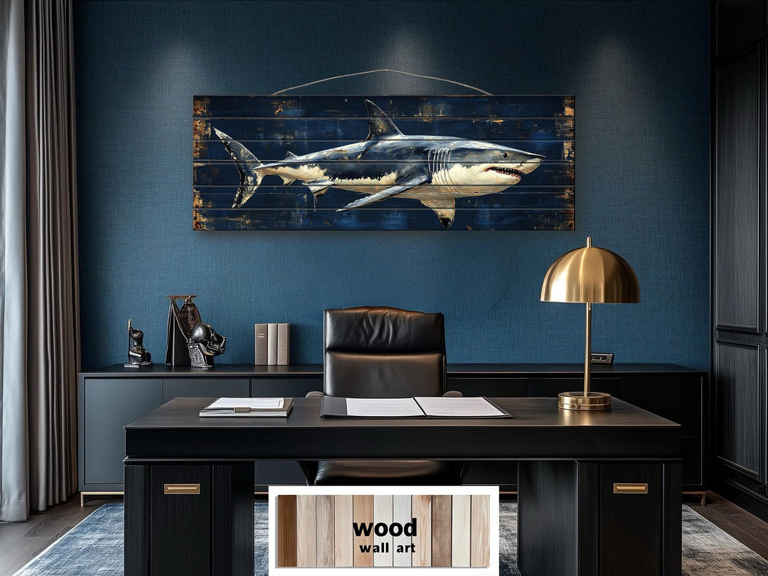 Great White Shark Long Horizontal Real Wood Wall Art