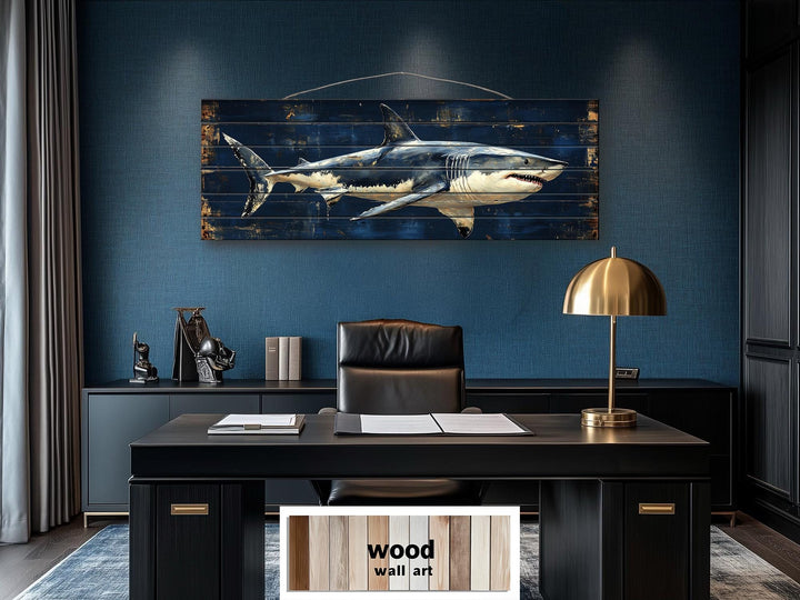 Great White Shark Long Horizontal Real Wood Wall Art