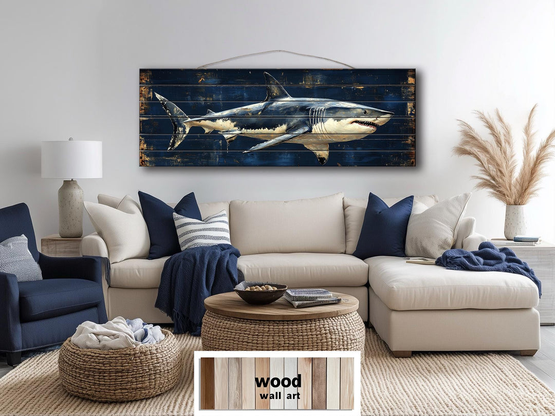 Great White Shark Long Horizontal Real Wood Wall Art