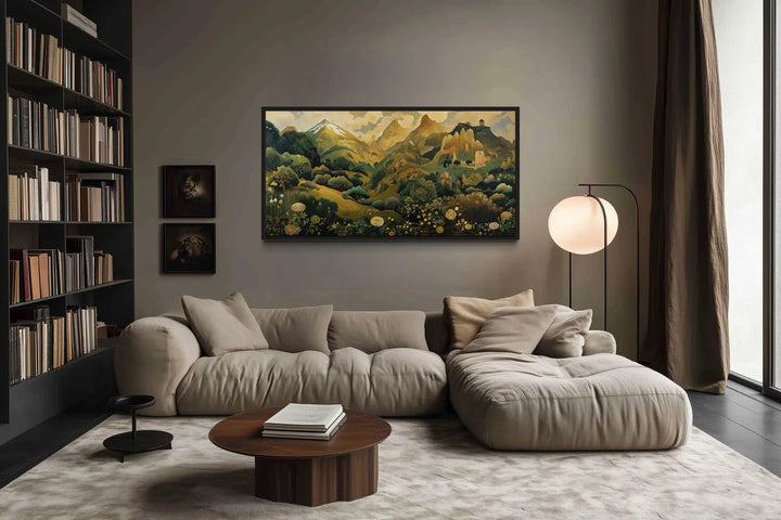 Green Gold Art Nouveau Floral Landscape Framed Canvas Wall Art