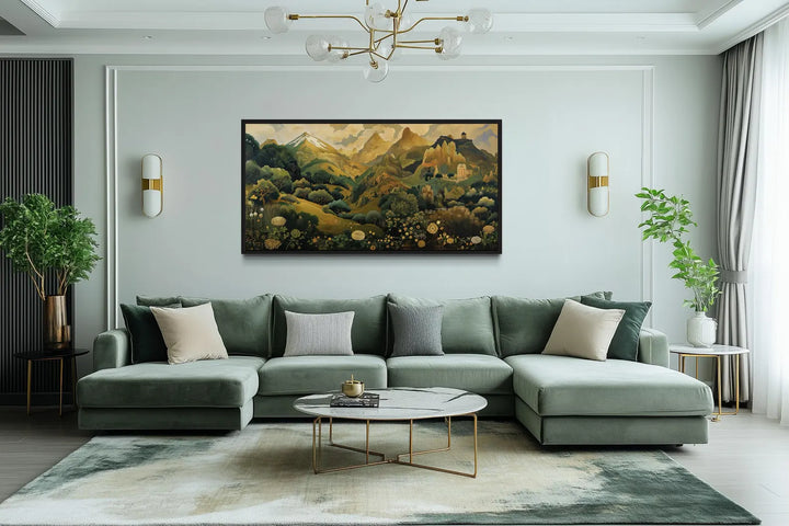 Green Gold Art Nouveau Floral Landscape Framed Canvas Wall Art