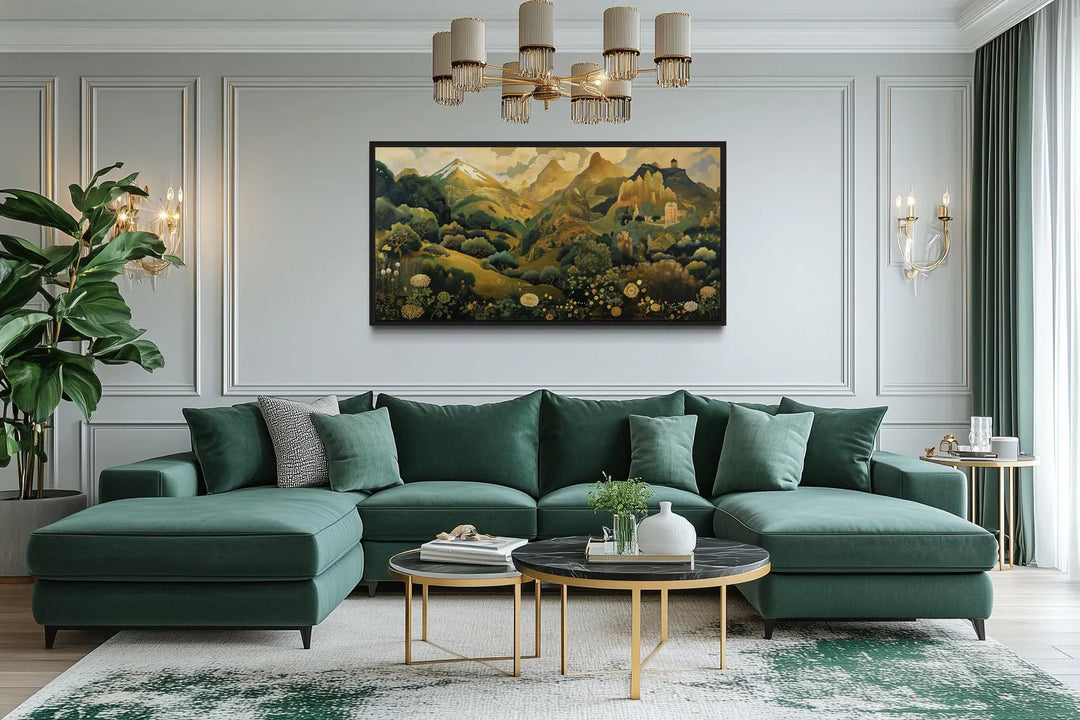Green Gold Art Nouveau Floral Landscape Framed Canvas Wall Art