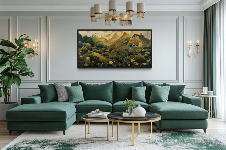 Green Gold Art Nouveau Floral Landscape Framed Canvas Wall Art