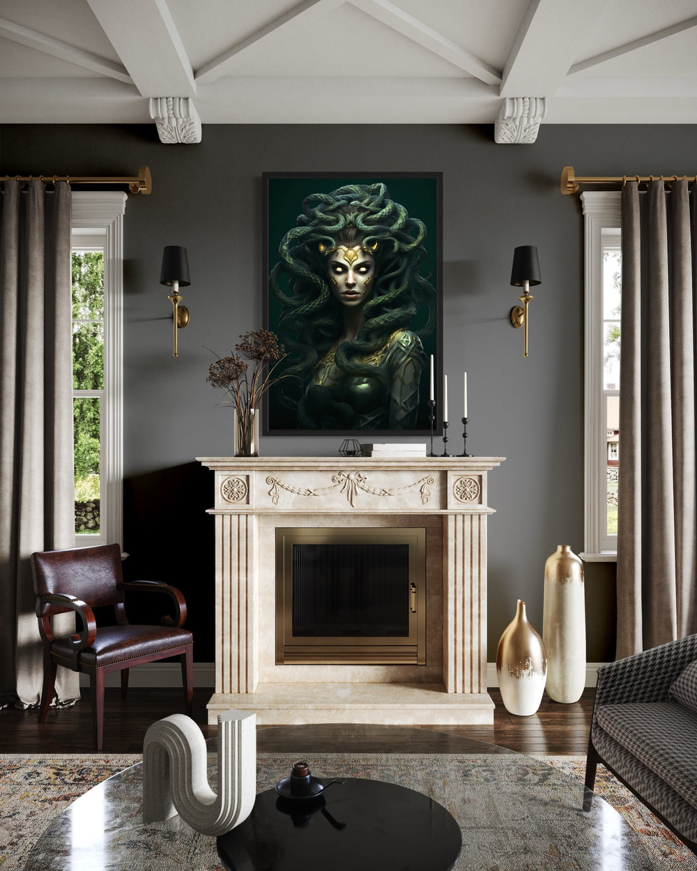 Green Medusa Gorgon Greek Mythology Framed Canvas Wall Art