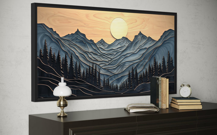 Grey Layered Wood Mountain Painting Framed Canvas Wall Art