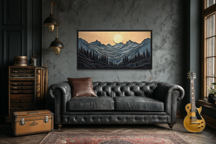 Grey Layered Wood Mountain Painting Framed Canvas Wall Art
