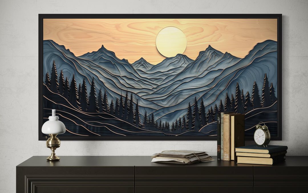 Grey Layered Wood Mountain Painting Framed Canvas Wall Art