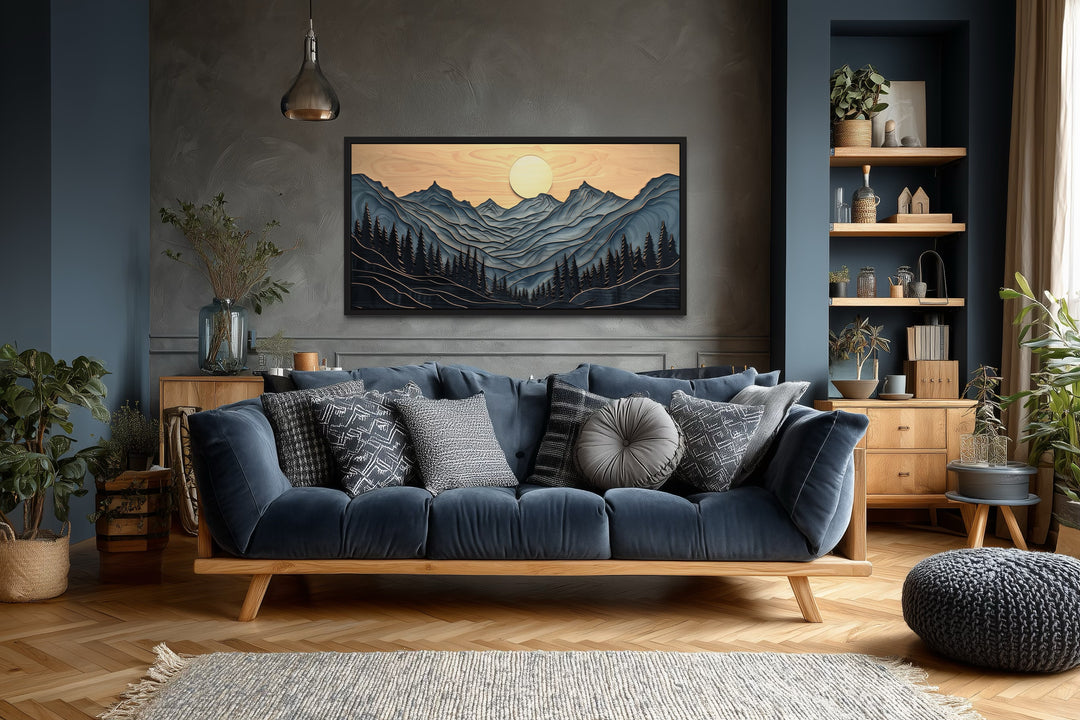 Grey Layered Wood Mountain Painting Framed Canvas Wall Art