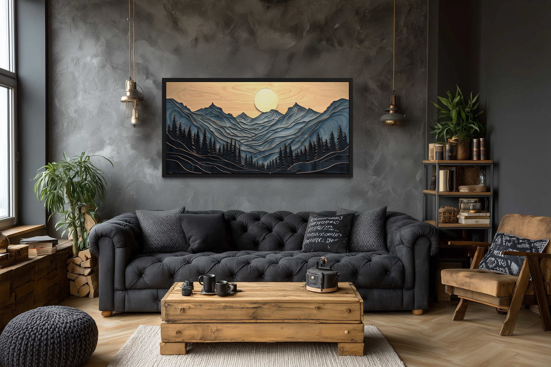 Grey Layered Wood Mountain Painting Framed Canvas Wall Art
