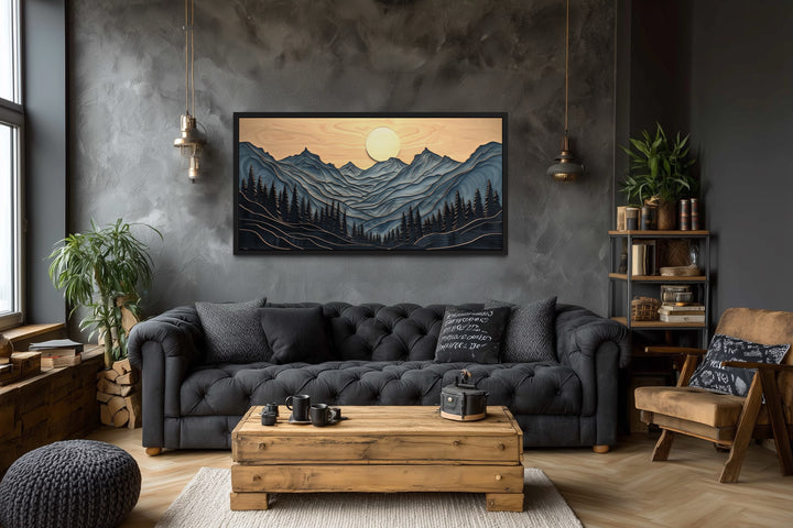 Grey Layered Wood Mountain Painting Framed Canvas Wall Art