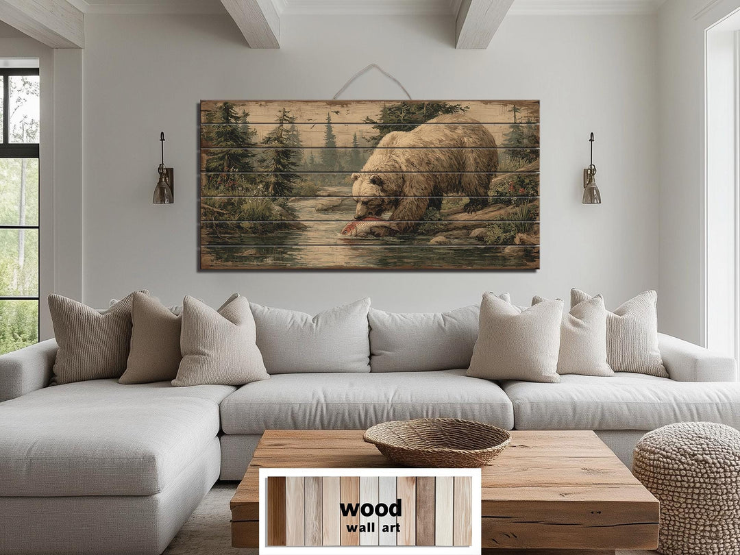 Grizzly Bear Catching Salmon Fish Distressed Wood Wall Art