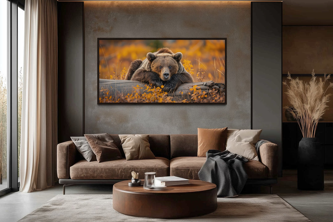Grizzly Bear On A Log In Autumn Forest Framed Canvas Wall Art