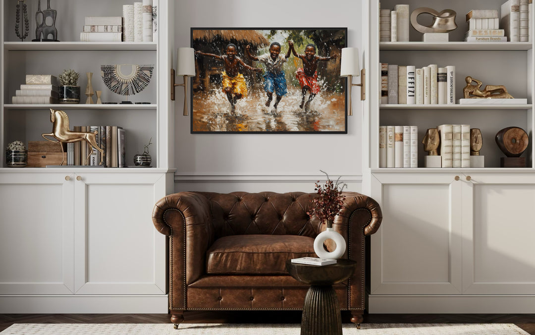 Happy African Boys Dancing In Rain Framed Canvas Wall Art