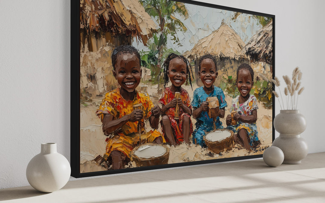 Happy African Children Playing In The Village Framed Canvas Wall Art