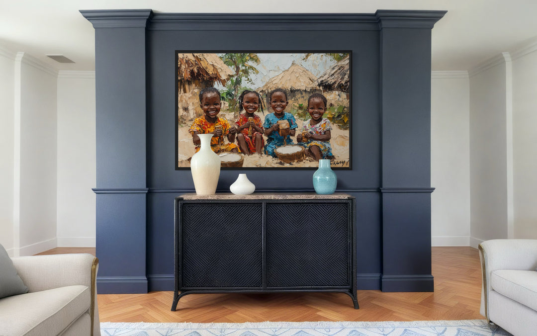 Happy African Children Playing In The Village Framed Canvas Wall Art