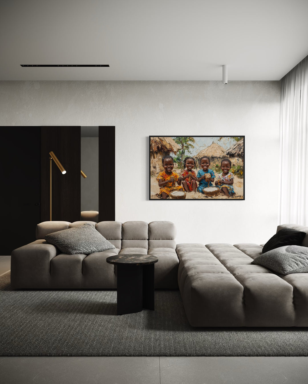 Happy African Children Playing In The Village Framed Canvas Wall Art