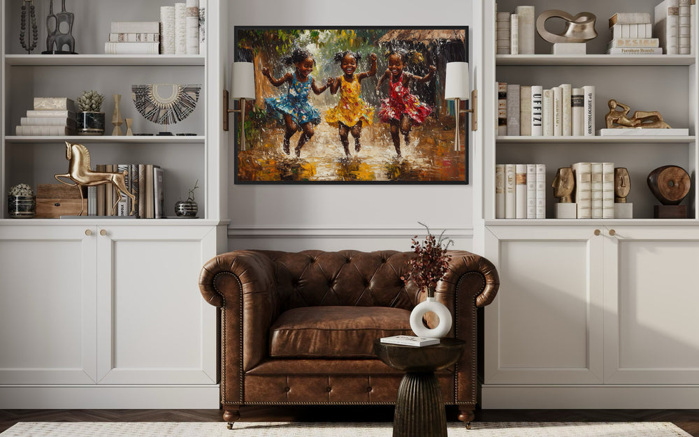 Happy African Girls Dancing In Rain Framed Canvas Wall Art