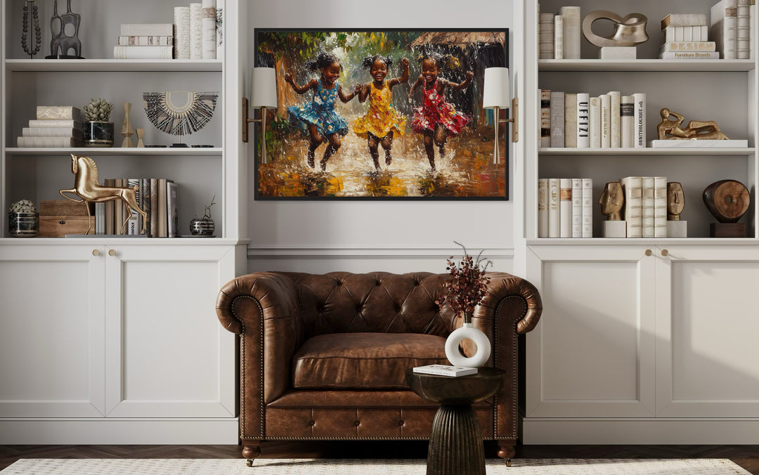 Happy African Girls Dancing In Rain Framed Canvas Wall Art