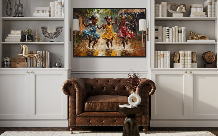 Happy African Girls Dancing In Rain Framed Canvas Wall Art