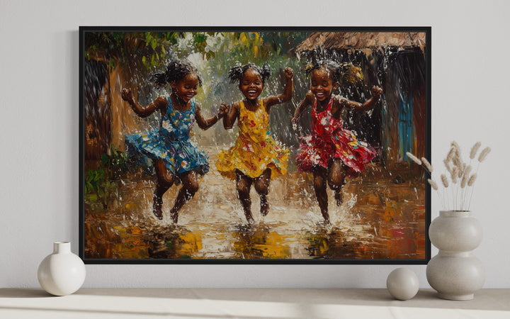 Happy African Girls Dancing In Rain Framed Canvas Wall Art