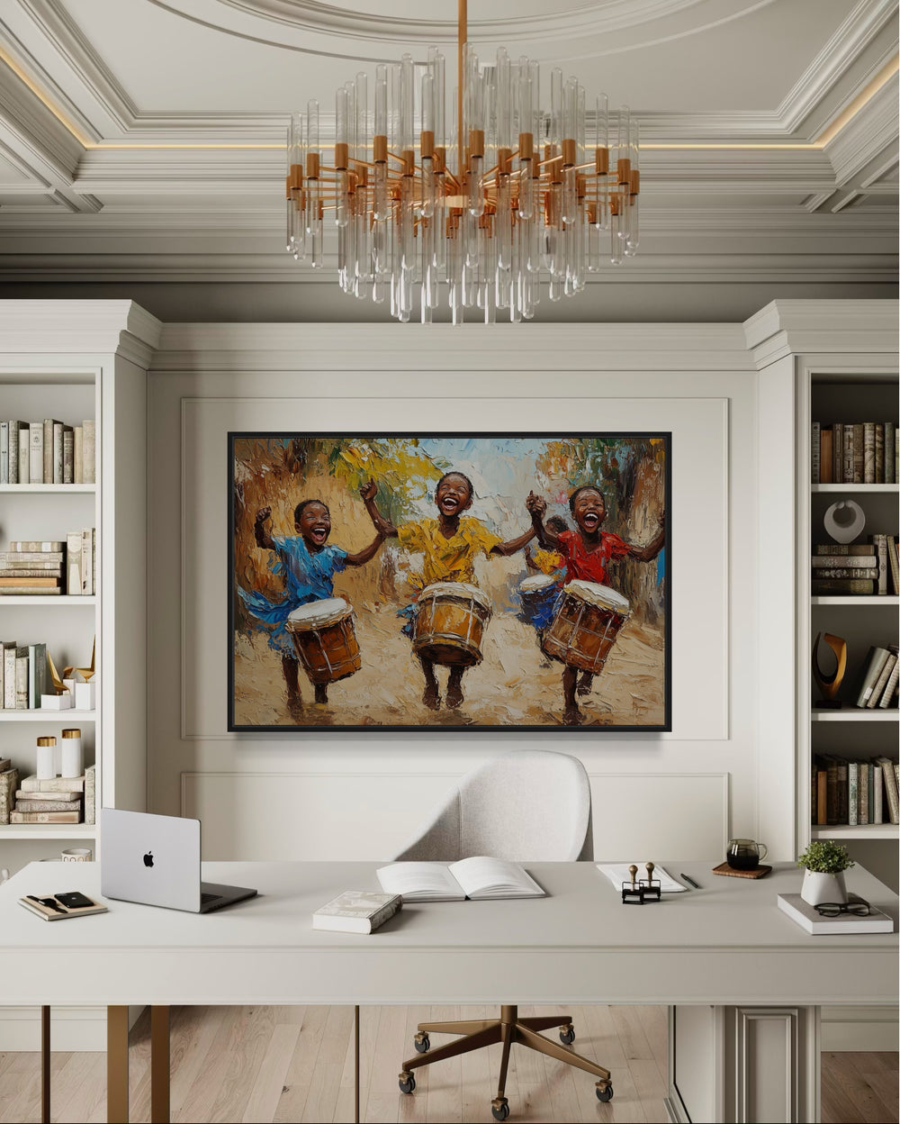 Happy African Kids Playing Drums Framed Canvas Wall Art