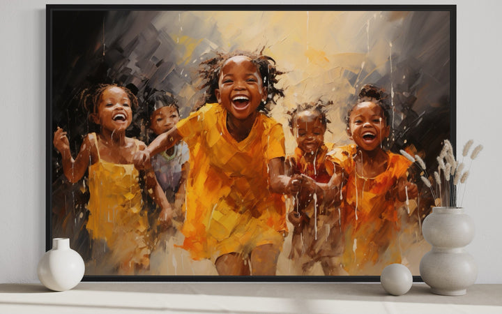 Happy African Kids Playing Framed Canvas Wall Art