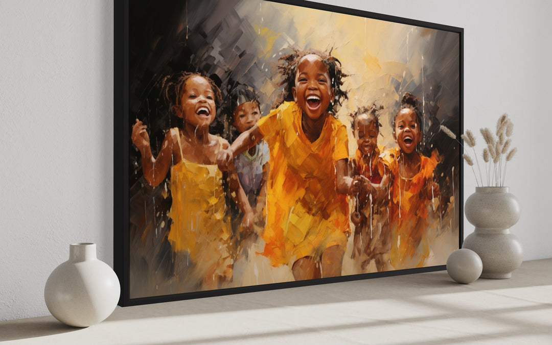 Happy African Kids Playing Framed Canvas Wall Art