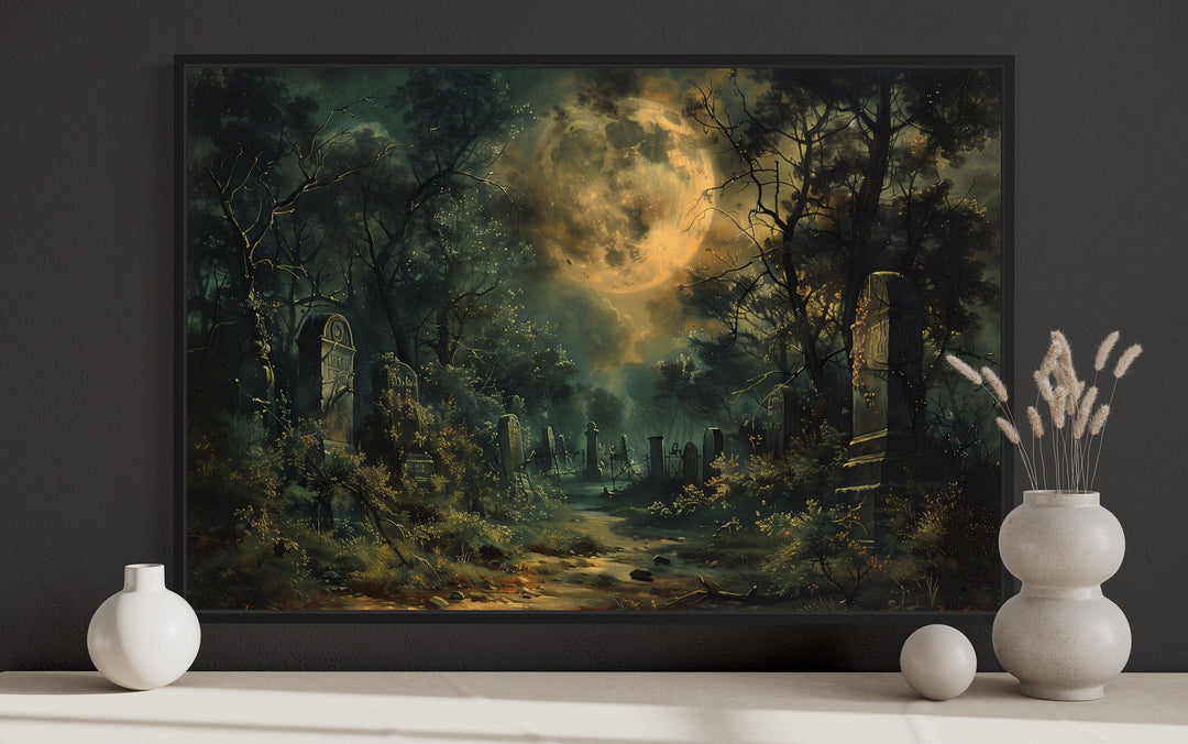 Haunted Cemetery Under Full Moon Framed Halloween Canvas Wall Art