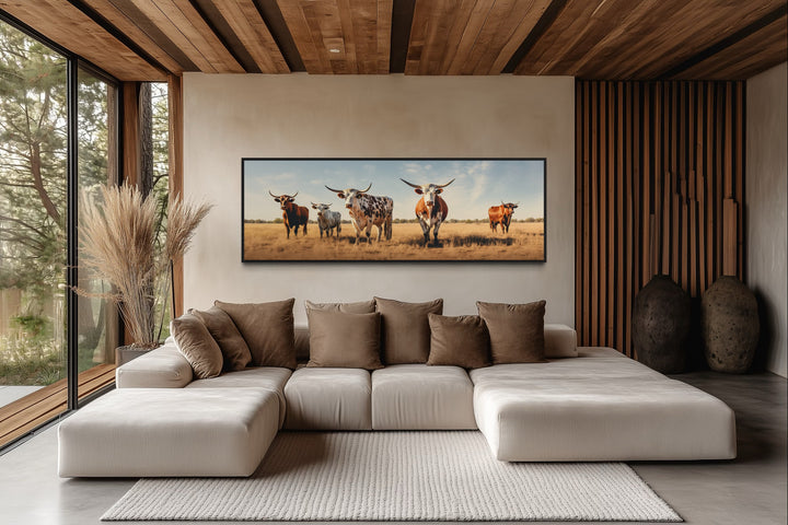 Herd of Texas Longhorn Cows Panoramic Framed Canvas Wall Art