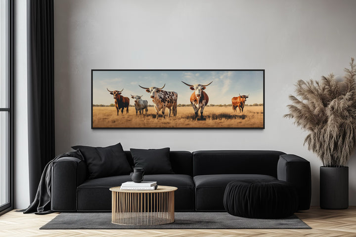 Herd of Texas Longhorn Cows Panoramic Framed Canvas Wall Art