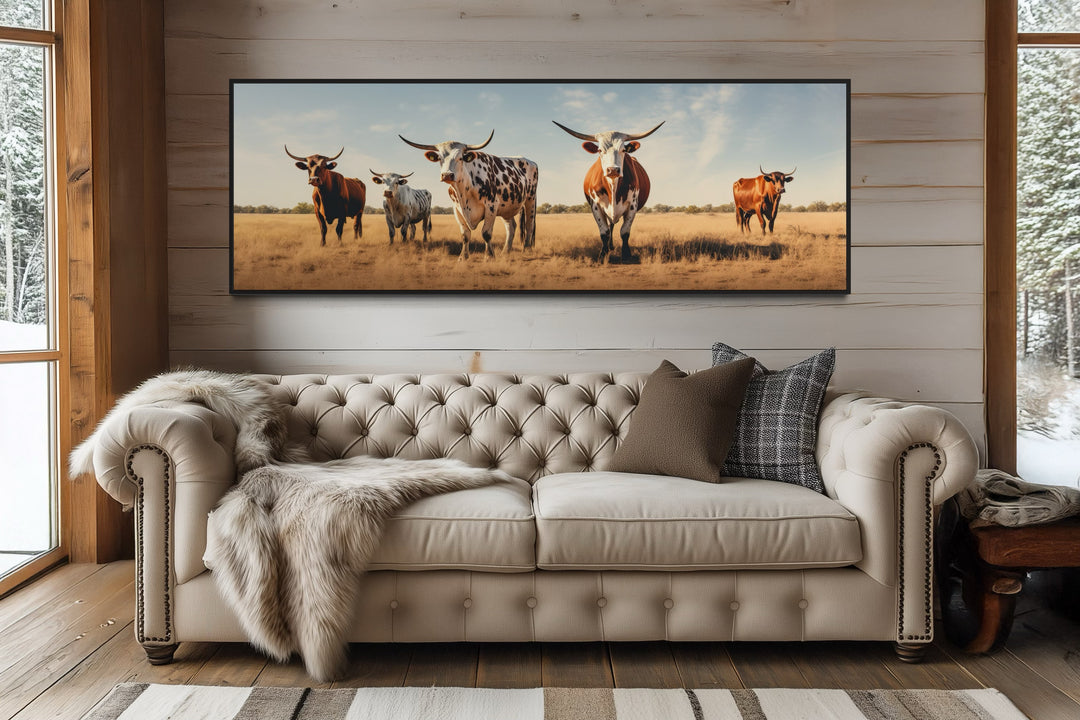 Herd of Texas Longhorn Cows Panoramic Framed Canvas Wall Art