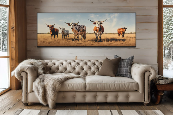 Herd of Texas Longhorn Cows Panoramic Framed Canvas Wall Art