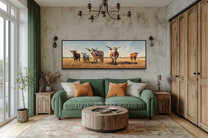 Herd of Texas Longhorn Cows Panoramic Framed Canvas Wall Art
