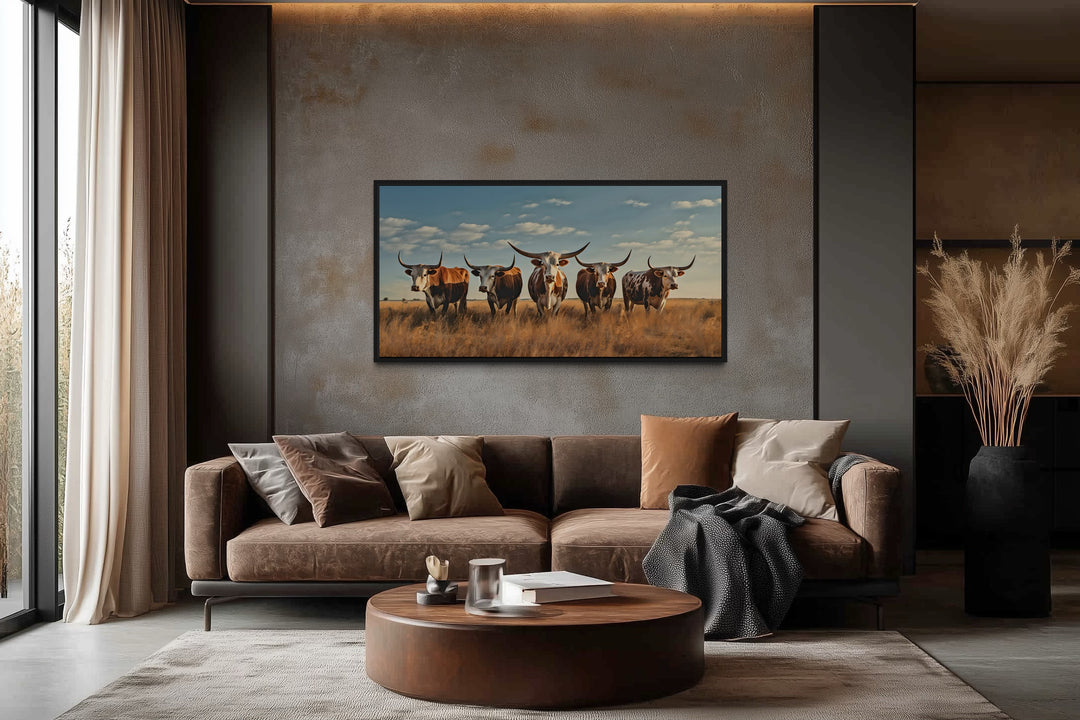 Herd of Texas Longhorns In The Field Framed Canvas Wall Art