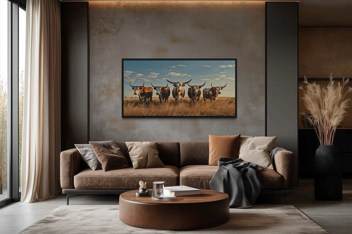 Herd of Texas Longhorns In The Field Framed Canvas Wall Art