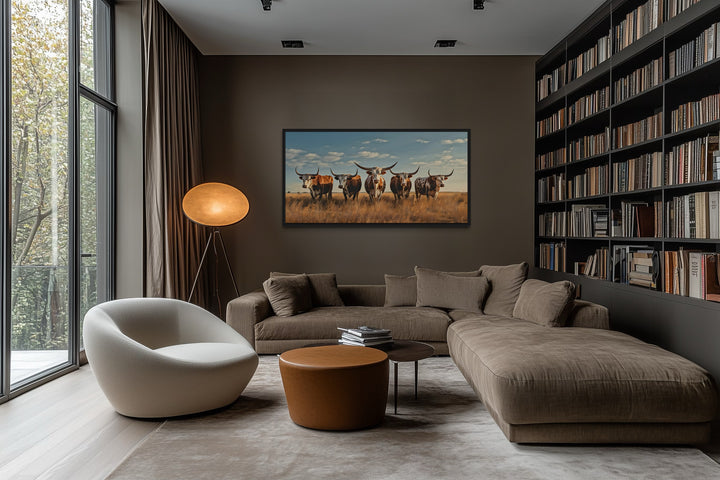 Herd of Texas Longhorns In The Field Framed Canvas Wall Art