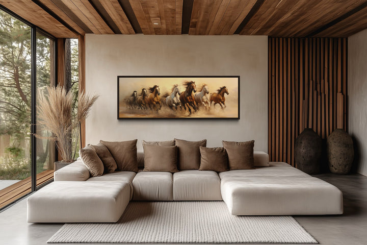 Herd of Wild Horses Running Panoramic Framed Canvas Wall Art