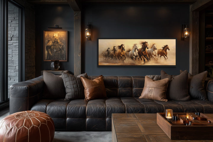 Herd of Wild Horses Running Panoramic Framed Canvas Wall Art