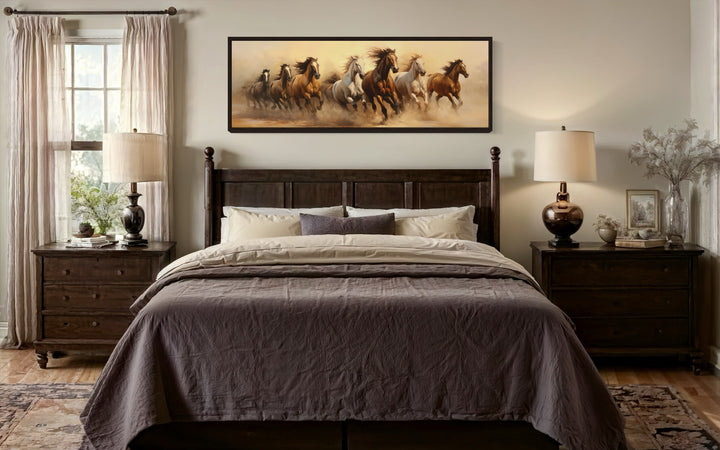 Herd of Wild Horses Running Panoramic Framed Canvas Wall Art