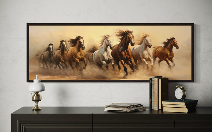 Herd of Wild Horses Running Panoramic Framed Canvas Wall Art