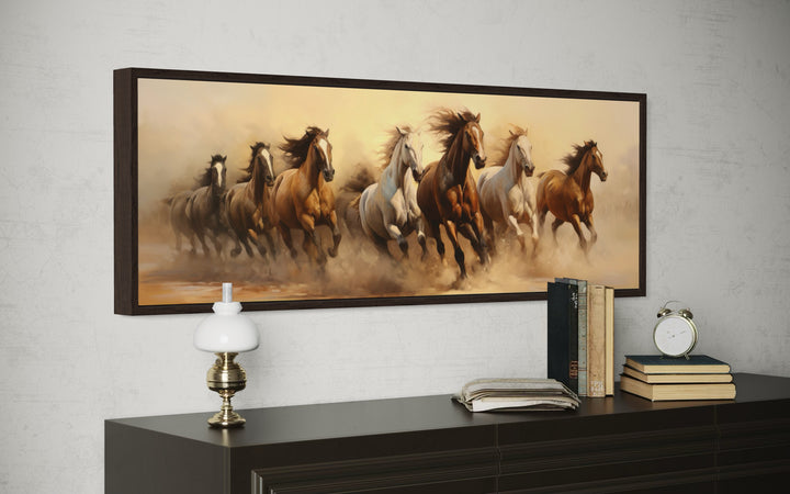 Herd of Wild Horses Running Panoramic Framed Canvas Wall Art