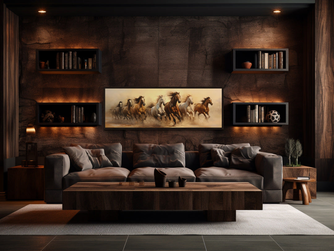 Herd of Wild Horses Running Panoramic Framed Canvas Wall Art