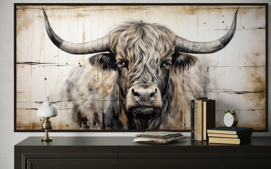 Highland Bull Painting On Wood Rustic Farmhouse Framed Canvas Wall Art