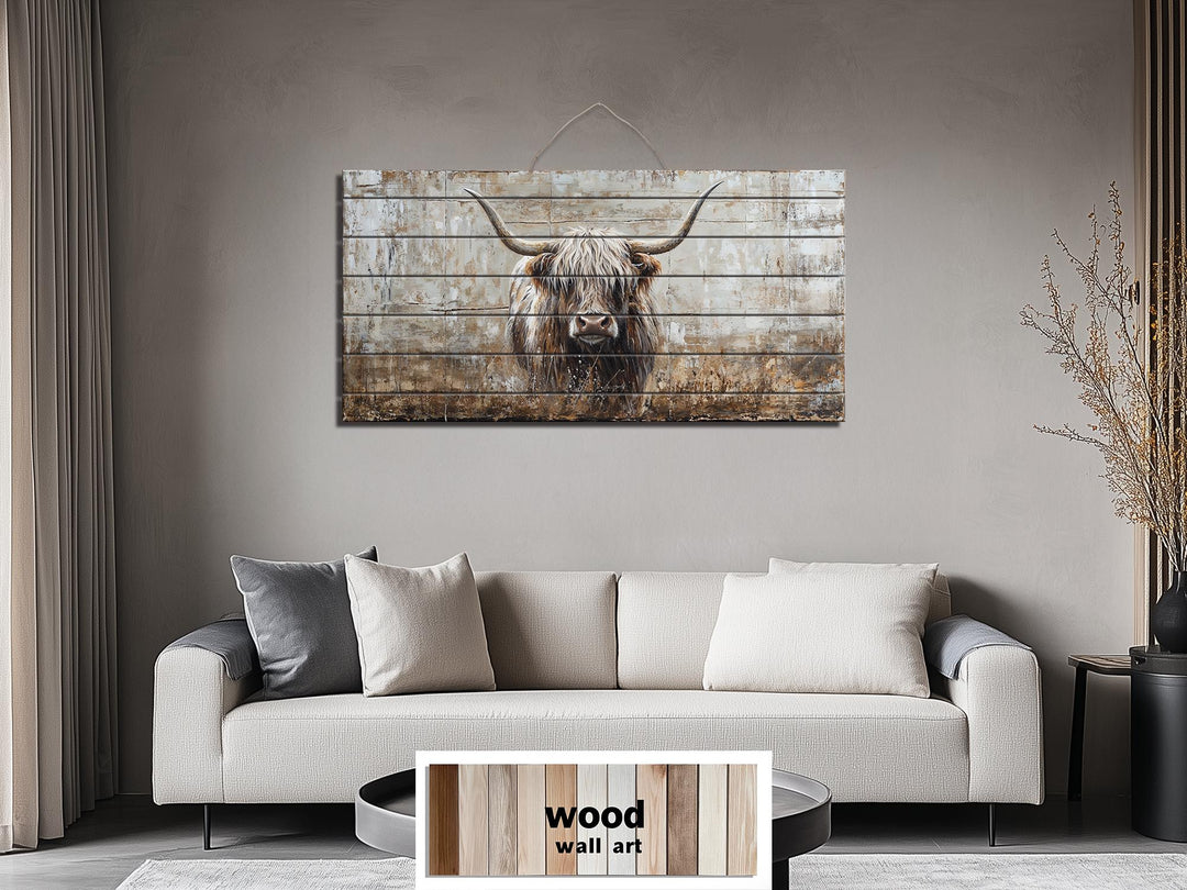 Highland Cow In Grass Distressed Wood Wall Art