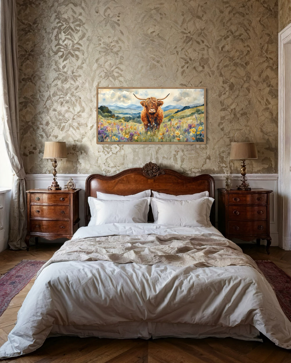 Highland Cow In Wildflower Field Framed Canvas Wall Art