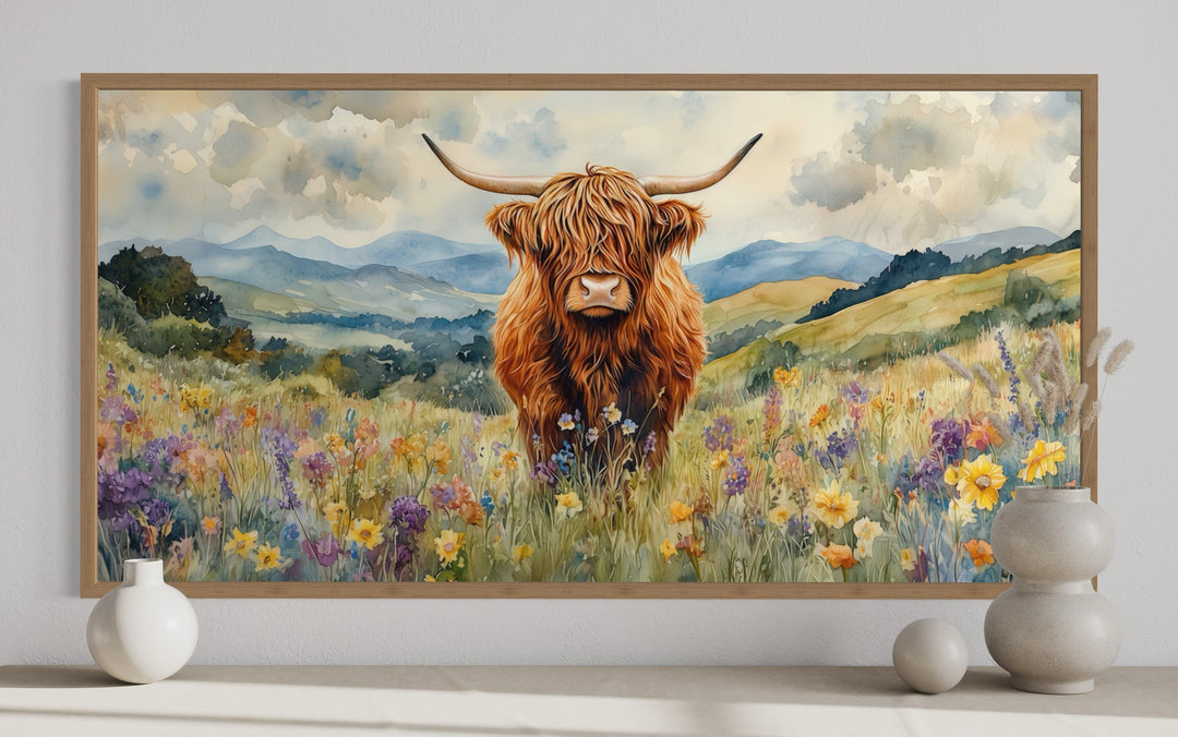 Highland Cow In Wildflower Field Framed Canvas Wall Art