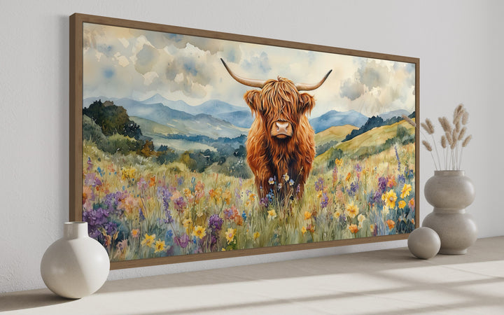 Highland Cow In Wildflower Field Framed Canvas Wall Art