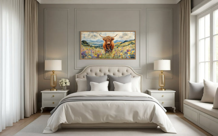 Highland Cow In Wildflower Field Framed Canvas Wall Art