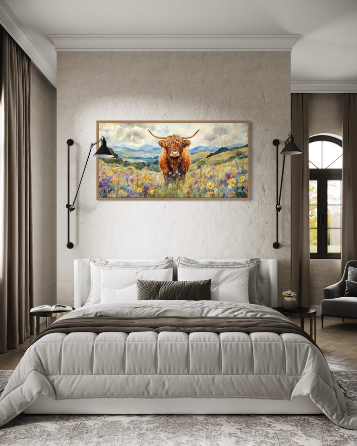 Highland Cow In Wildflower Field Framed Canvas Wall Art